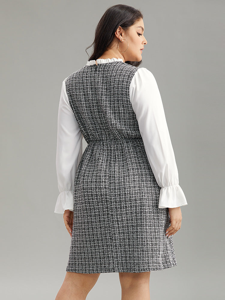 Plaid Patchwork Ruffle Trim Knee Dress