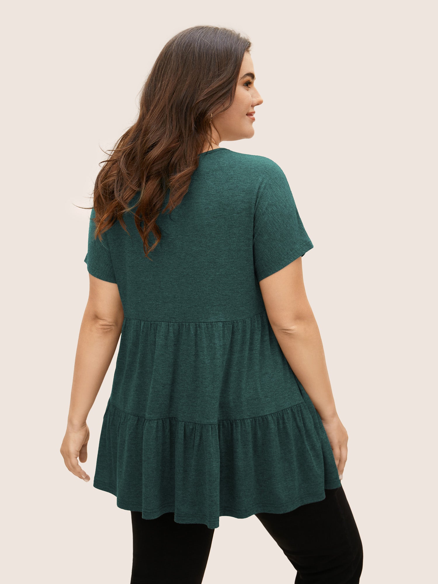 V Neck Button Detail Ruffle Layered Hem T-shirt