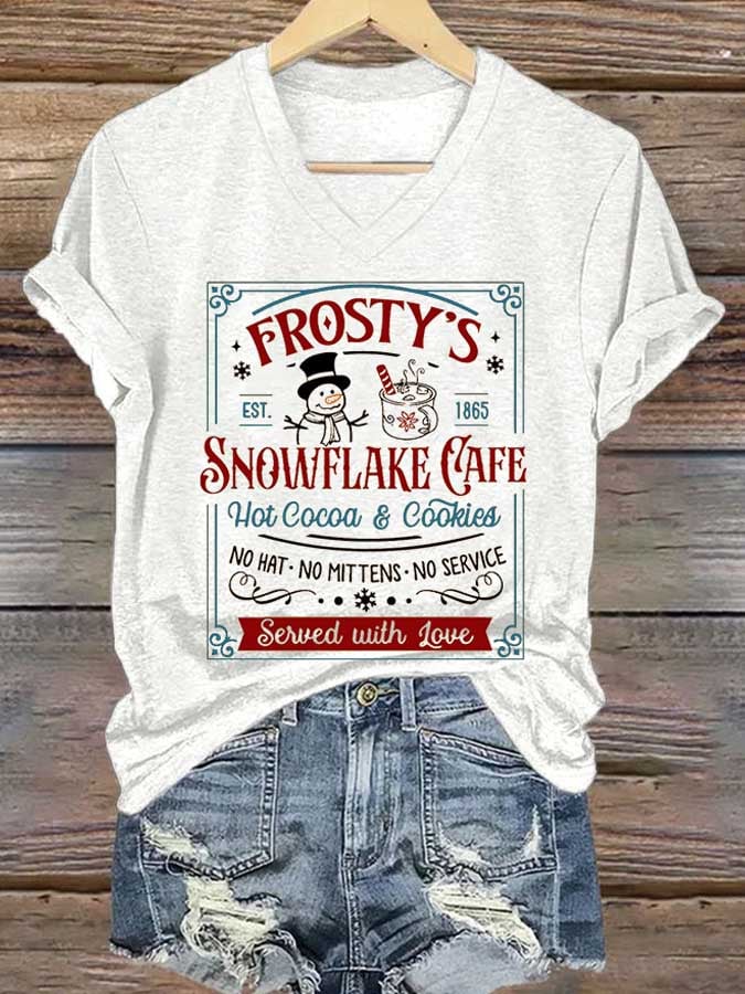 Women's Frosty Snowflake Cafe Hot Cocoa And Cookies Christmas Print T-Shirt