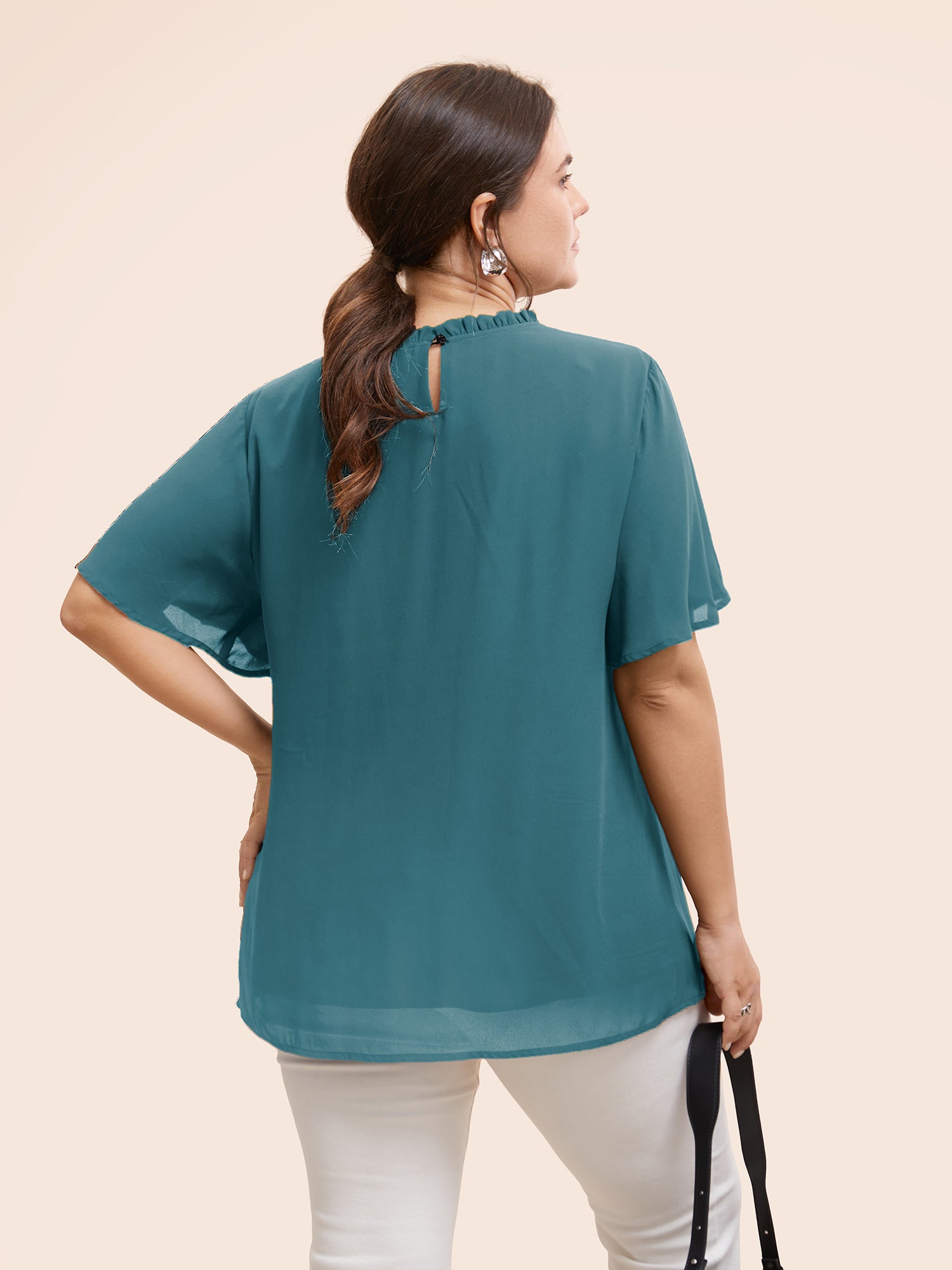 Anti-Wrinkle Shirred Ruffle Sleeve Mesh Frill Trim Blouse