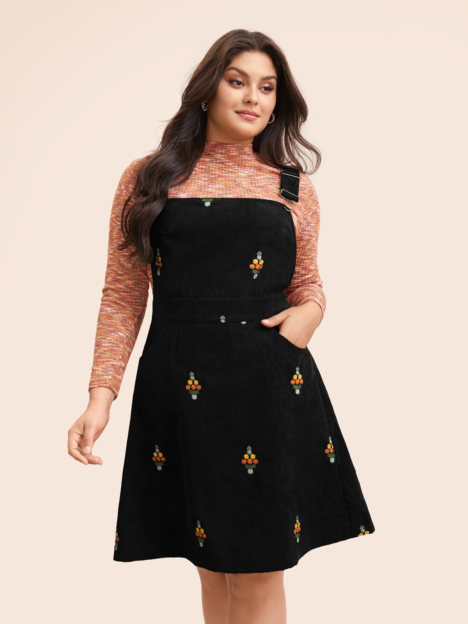 Floral Embroidered Corduroy Overall Dress