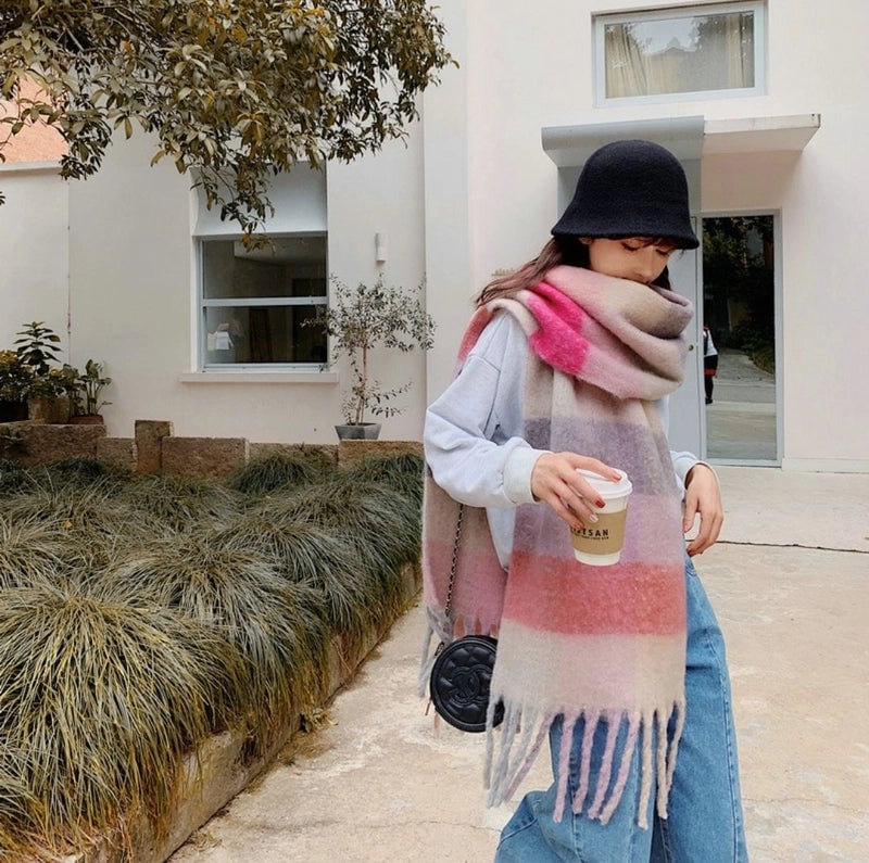 Brown Striped Scarf Women's Autumn And Winter  Trendy Winter Warm Imitation Cashmere Windproof Scarf For Students