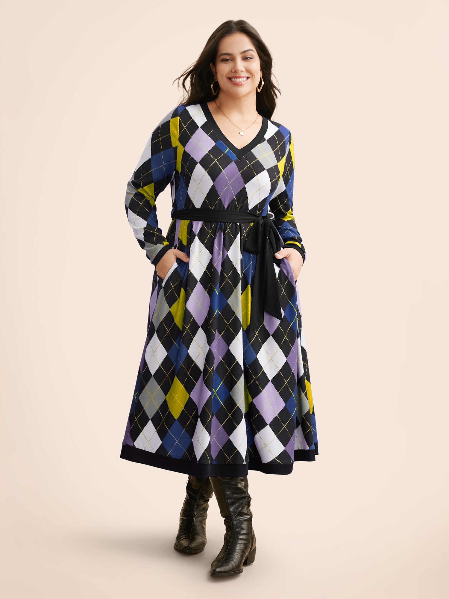 V Neck Colorblock Contrast Belted Dress