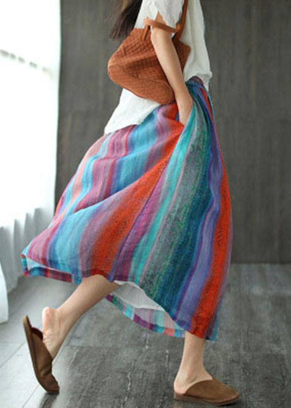 Style Striped Retro Patchwork A Line Skirts Ramie