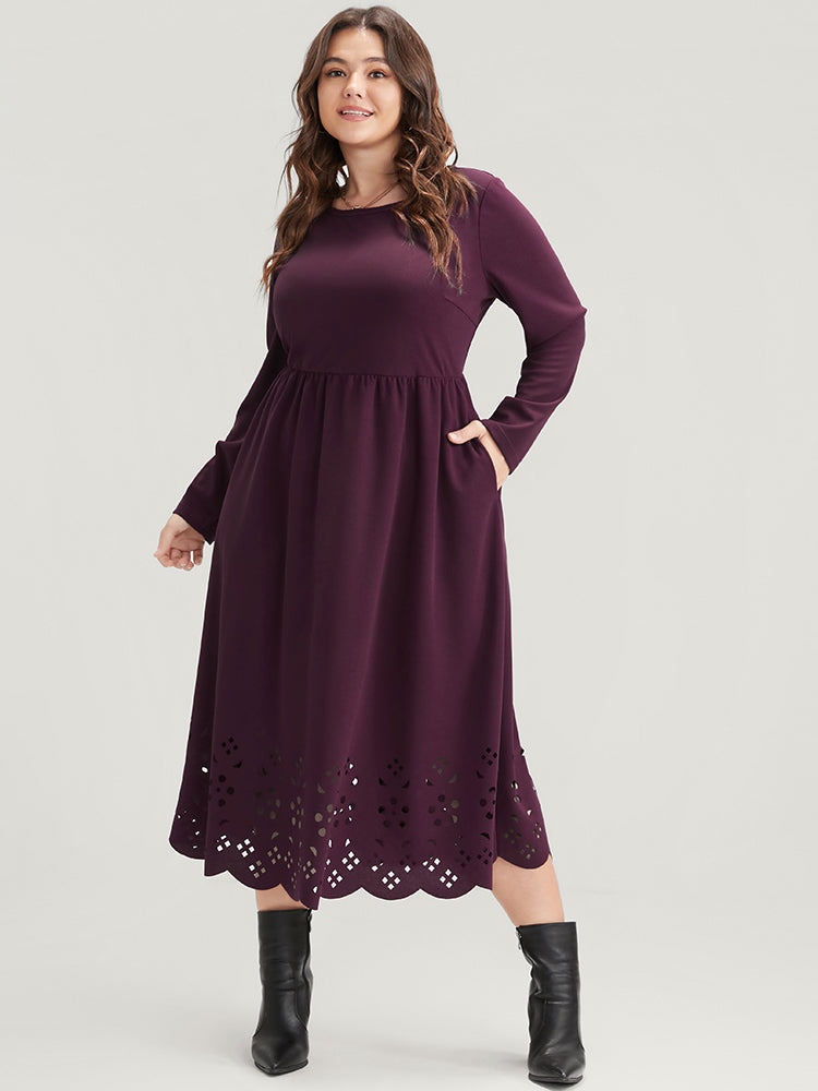 Solid Round Neck Laser Cut Pocket Midi Dress