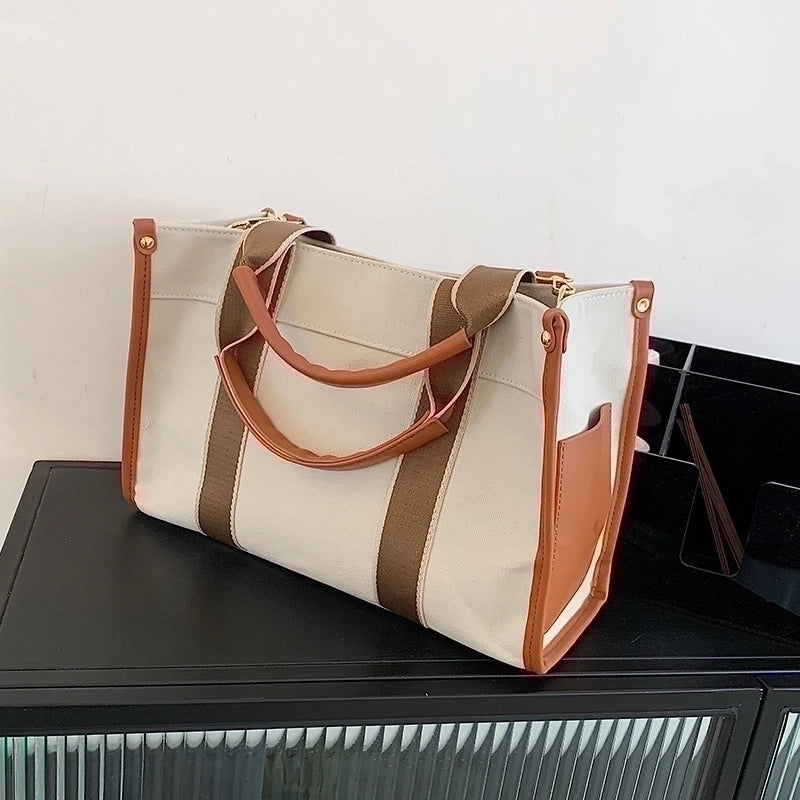 Women's Large Canvas Color Block Classic Style Magnetic Buckle Tote Bag