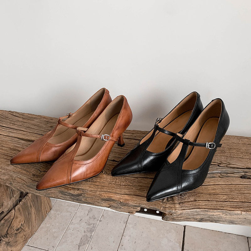 Elegant Pointed Toe T-Strap Kitten Heel Pumps 70mm Sheepskin Dress Shoes in Black/Brown