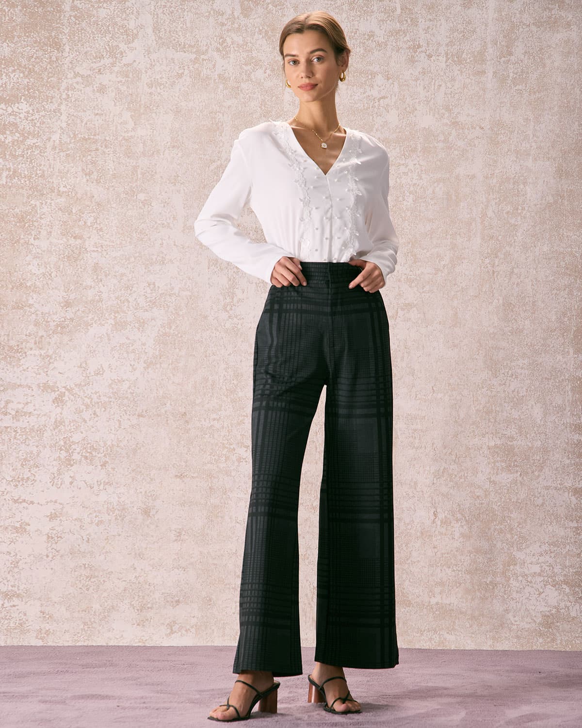 The White V Neck Lace Trim Pearls Blouse