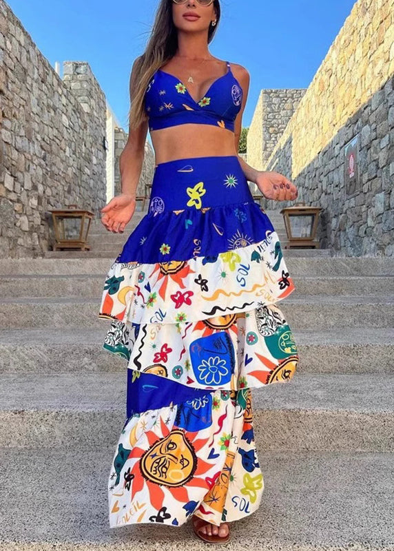 Sexy Blue Lingerie And Maxi Cake Skirts Two Pieces Set Summer