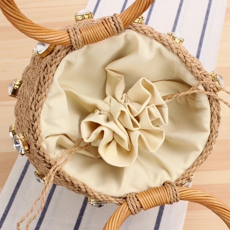 Women's Small Spring&summer Straw Solid Color Vacation Bucket String Straw Bag