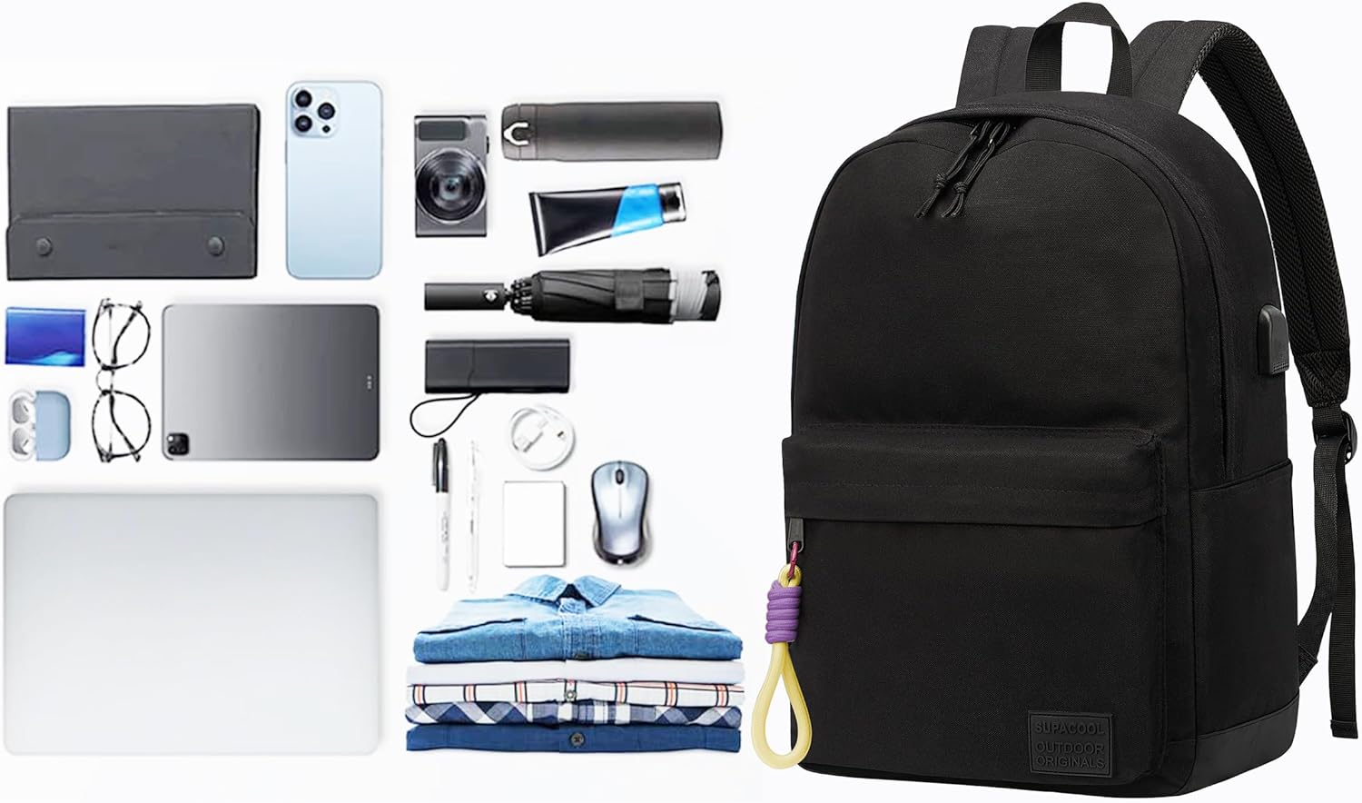 SUPACOOL Casual Laptop Backpack for Men and Women, School Backpack for Boys and Girls, College Bookbag, USB Charging Port, Lightweight Back Pack(Black)