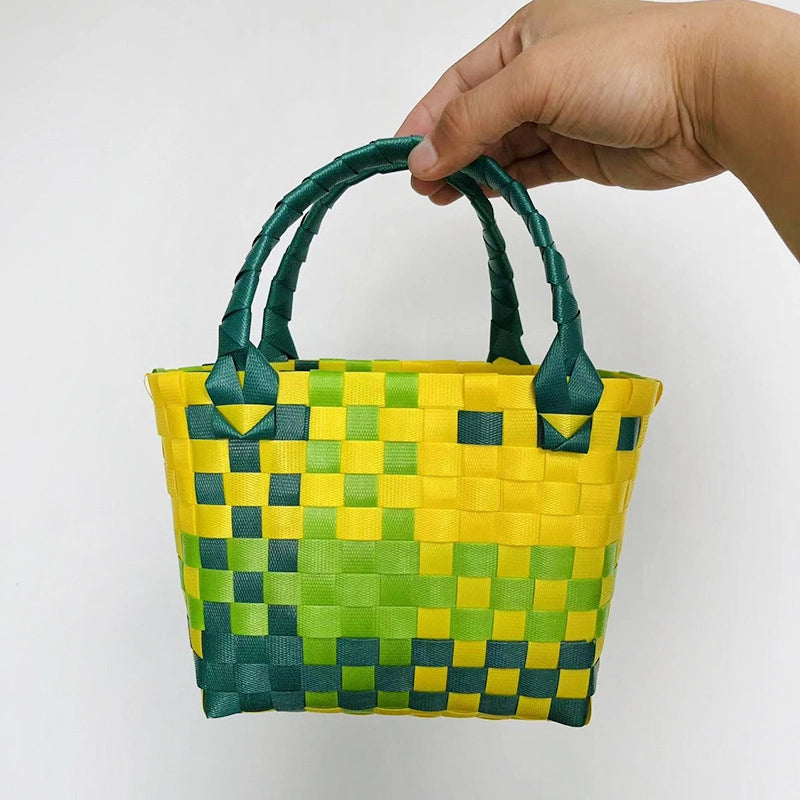 Women's PVC Color Block Plaid Vacation Weave Square Open Square Bag