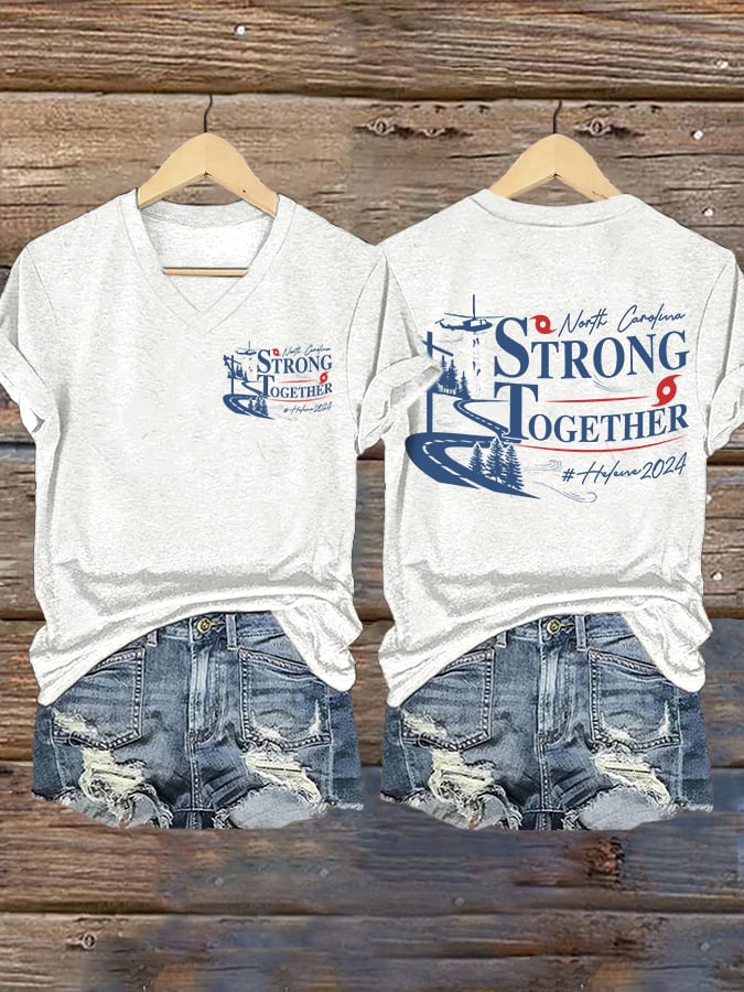 V-neck Retro North Carolina Strong Together Helene Hurricane 2024 Print T-Shirt