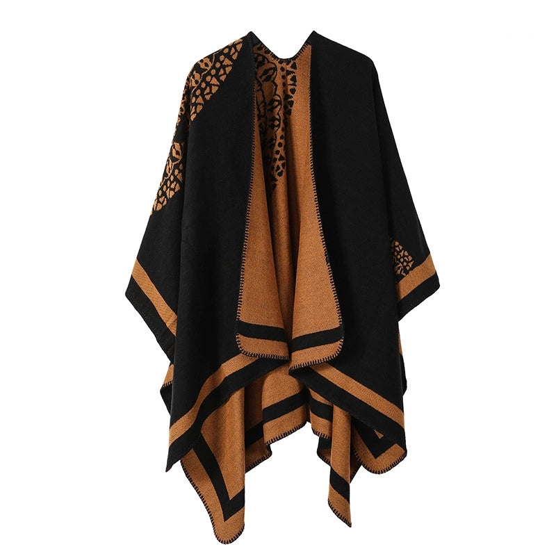 Winter Cashmere Double-sided Plaid Shawl Women's Outer Cape Increased Thickness Warm Knitted Scarf Spot