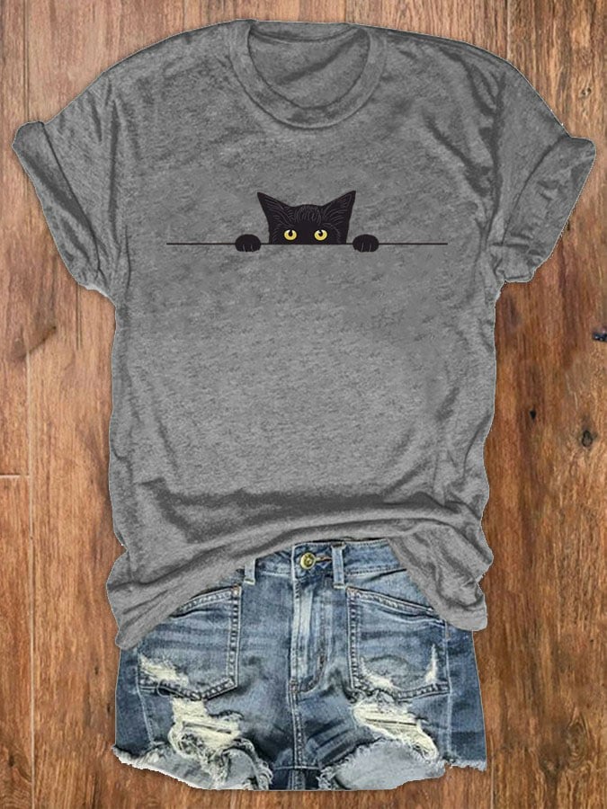 Women's Black Cat Print Crew Neck T-Shirt