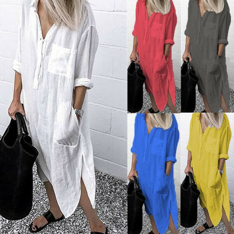 Solid Color Turn-down Collar Slit Long Shirt Dress