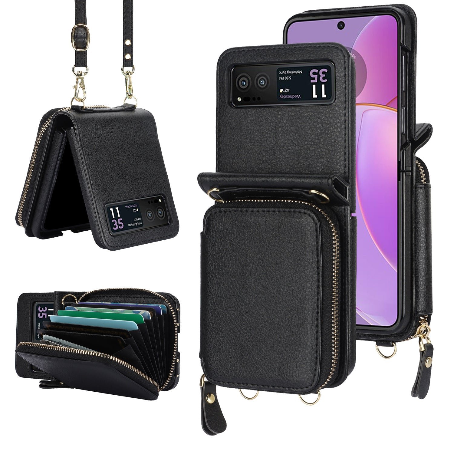 Suitable for Samsung  Galaxy Z Flip3/4/5 Zipper Bag Mobile Phone Case Leather Case Card Holder