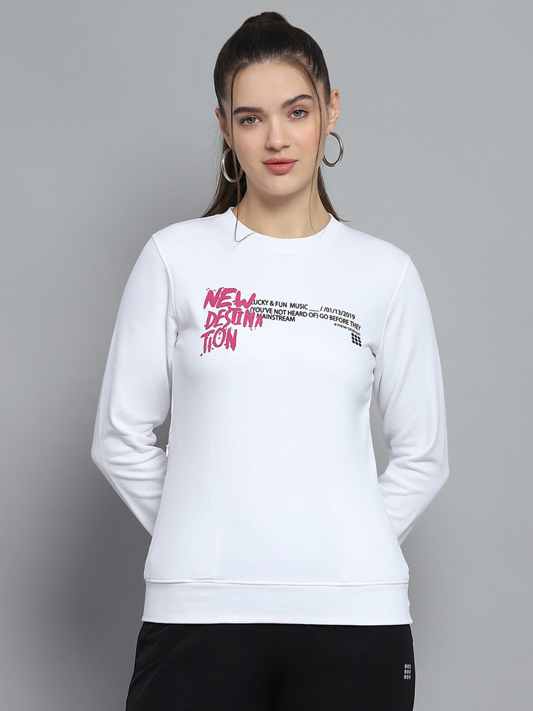 Women White Printed Round Neck Full Sleeve Sweatshirt