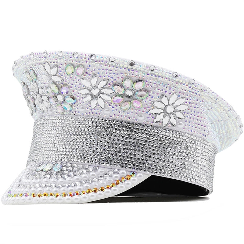 Women's Fashion Letter Rhinestone Curved Eaves Military Hat