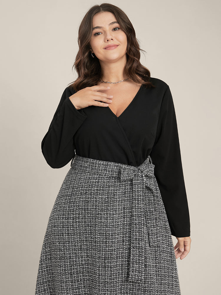 Plaid Patchwork Surplice Neck Belted Tweed Dress