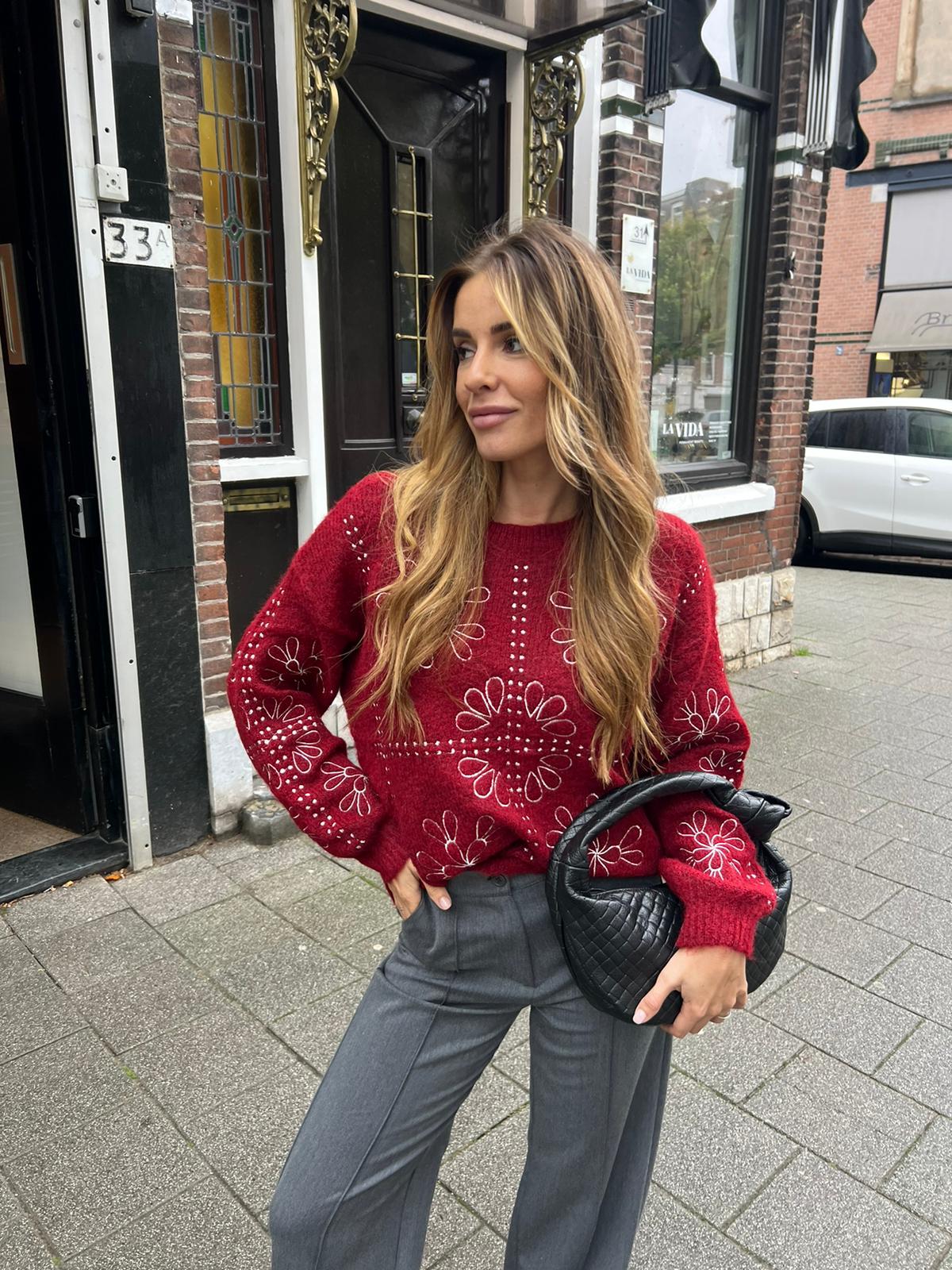 Ella Flower Broderie Sweater Bordeaux