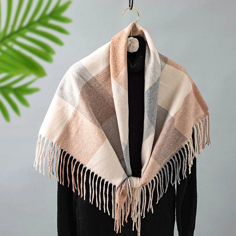 Women's Retro Lattice Polyester Tassel Scarf