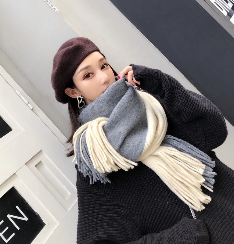New Contrast Color Fashion Imitation Cashmere Scarf Women's Long Warm Student Scarf Tassel Couple's Shawl