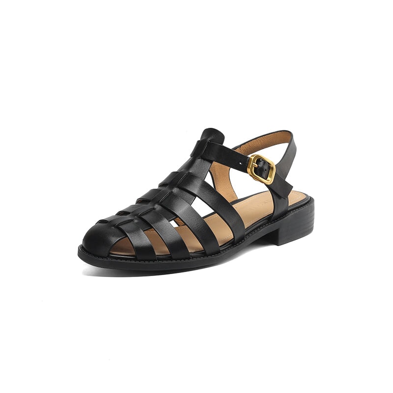 Roman Style Genuine Leather Gladiator Fisherman Sandals with Buckle in Black/Brown/Beige