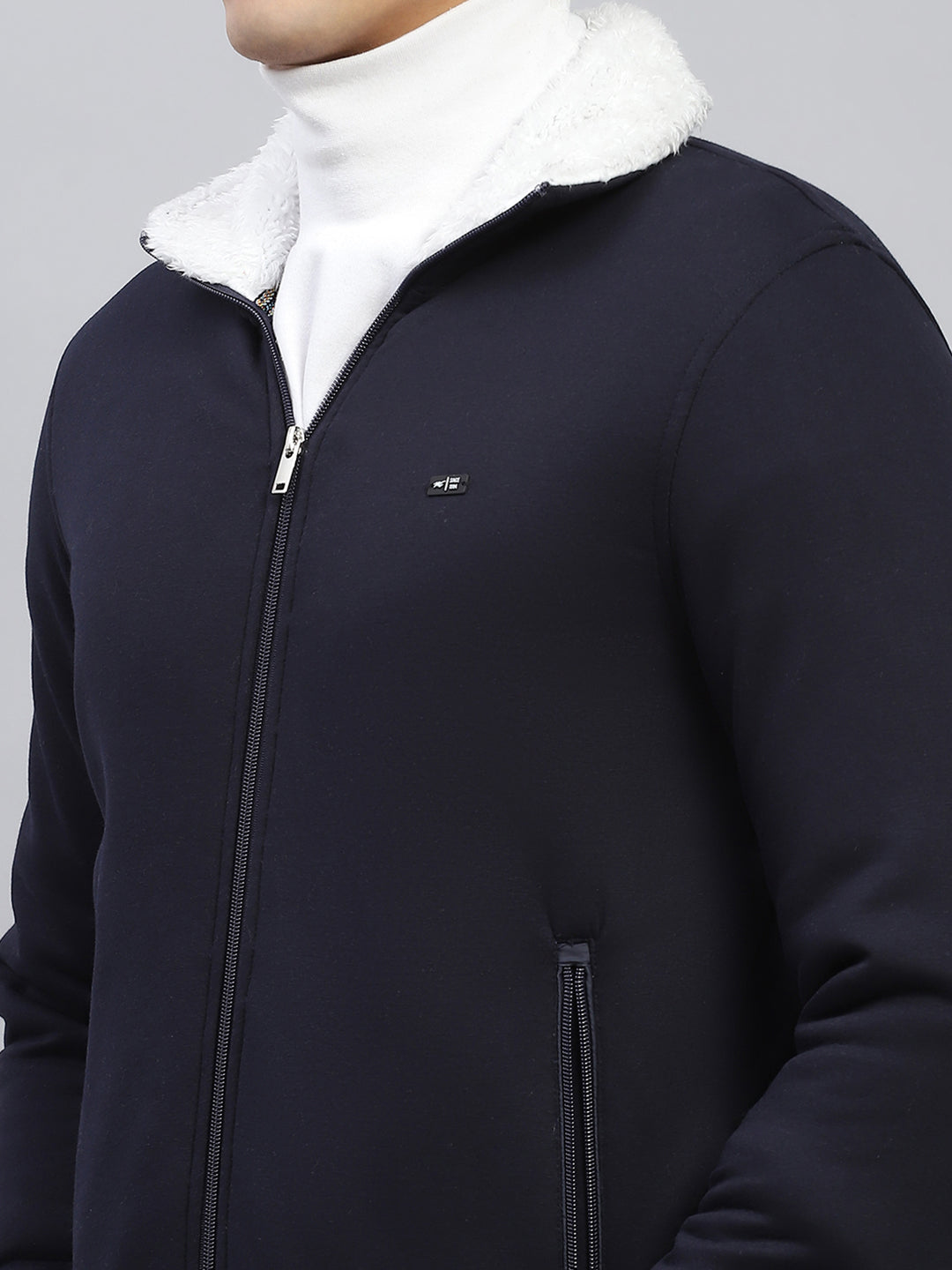 Men Navy Blue Solid Collar Full Sleeve Sweatshirt