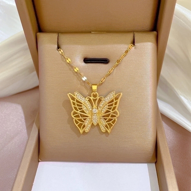 2 Pieces Fashion Heart Shape Butterfly Titanium Steel Copper Inlay Artificial Diamond Pendant Necklace