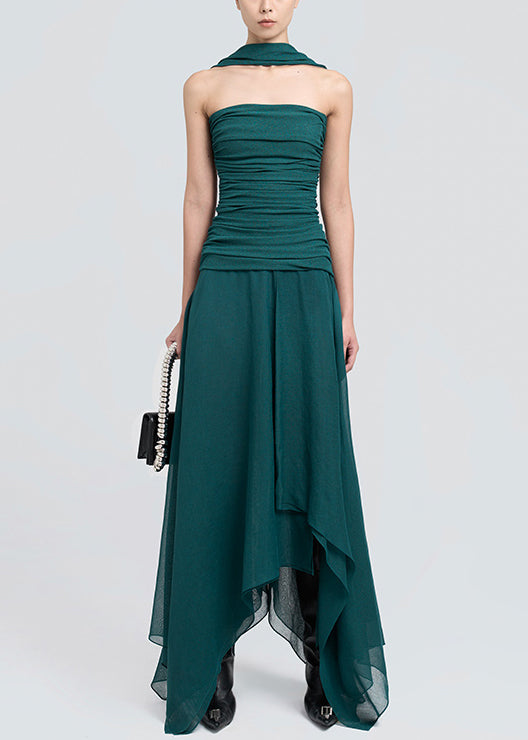 Slim Fit Dark Green Cold Shoulder Wrinkled Cotton Maxi Dresses Sleeveless