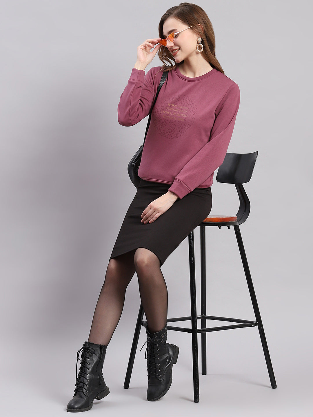 Women Maroon Printed Round Neck Full Sleeve Sweatshirts