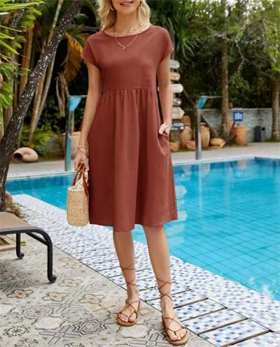 Solid Color Short Sleeve Loose Cotton Linen Pocket Midi Dress