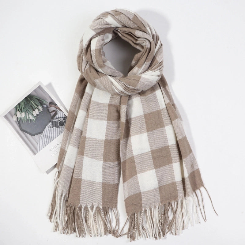 Simple  Fashion Warm Scarf Color Matching Chessboard Plaid Men's And Women's Tassel Plaid Cashmere-like Autumn And Winter Shawl