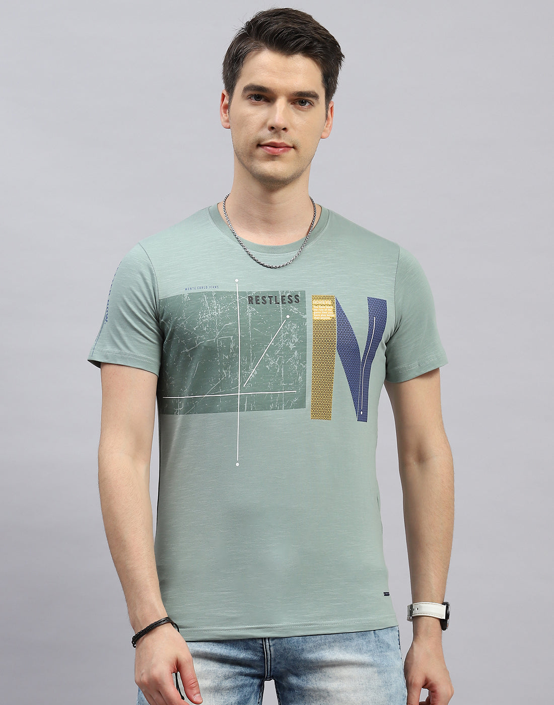 Men Green Printed Round Neck Half Sleeve T-Shirt