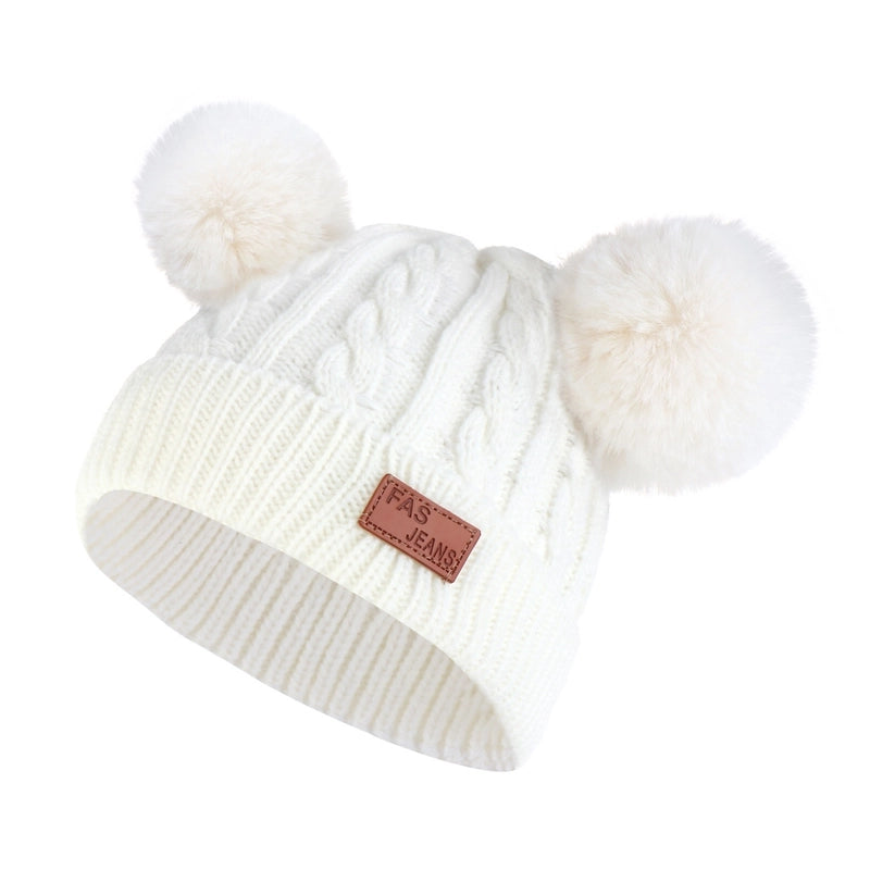 Autumn And Winter Children's Thickened Wool Hat Ear Double Hair Ball Warm Ear Protection Knitted Hat Set With Standard Solid Color Hat