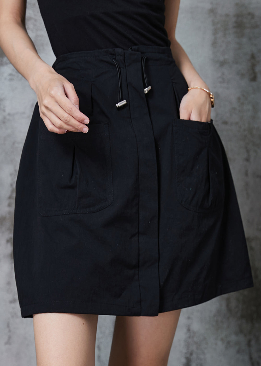 Fashion Black Drawstring Cotton A Line Skirt Summer