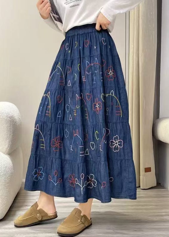 Fitted Navy Print Exra Large Hem Denim Skirt Summer
