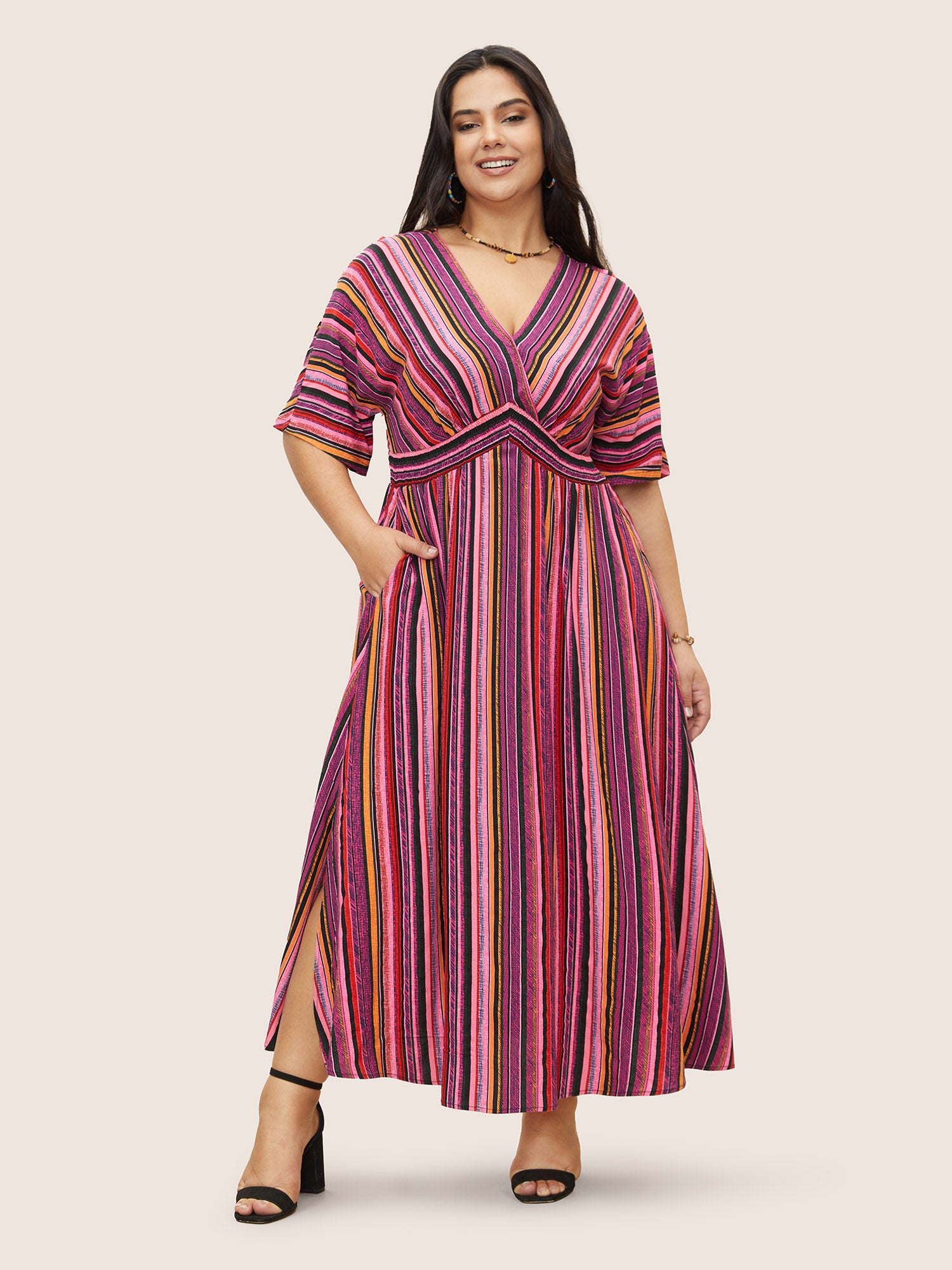 Striped Contrast Dolman Sleeve Shirred Pocket Split Flutter Dress