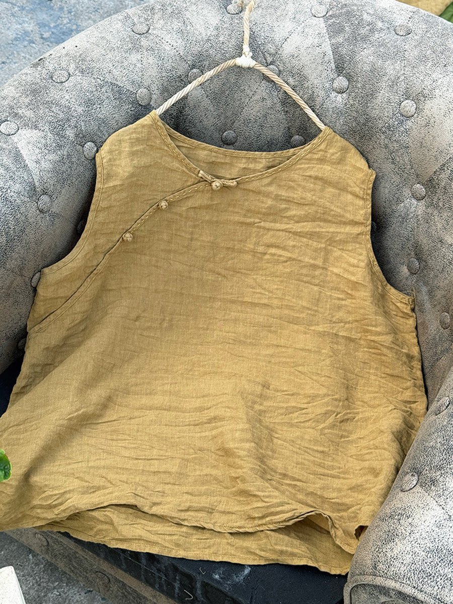 Women Summer Pure Color O-Neck 100%Linen Vest