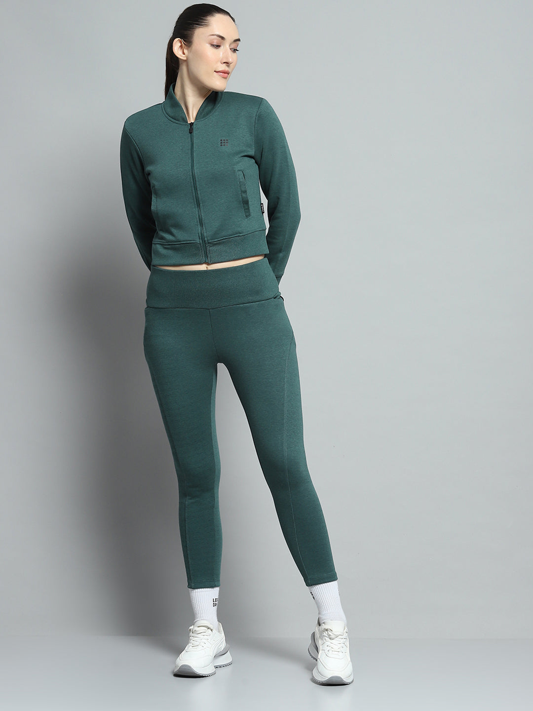 Women Teal Blue Solid Mock Neck Full Sleeve Tracksuit