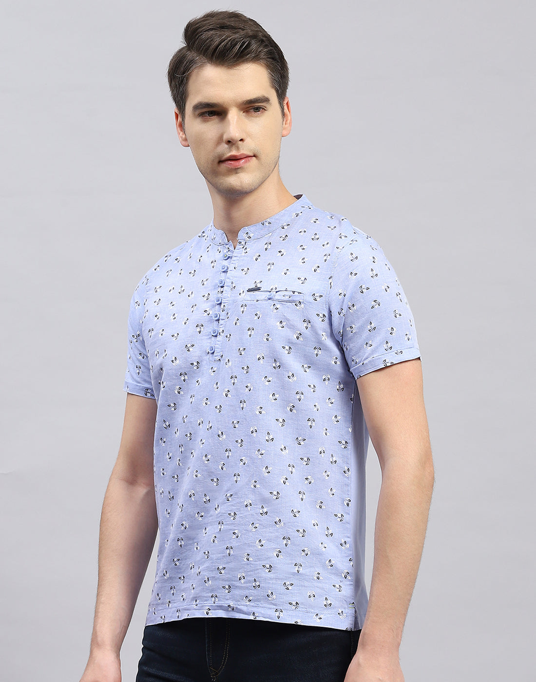 Men Sky Blue Printed Band Collar Half Sleeve Kurta