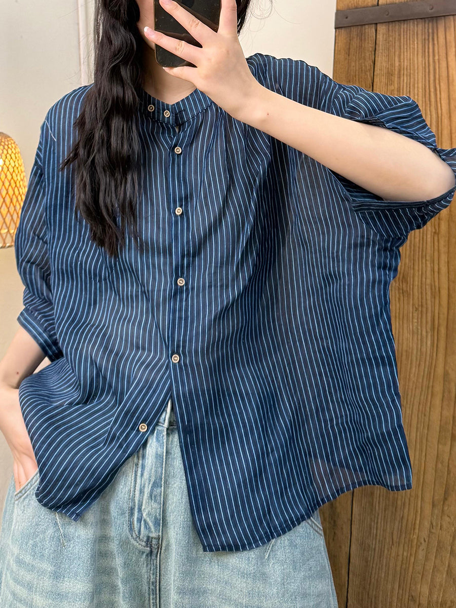 Women Summer Artsy Stripe Ramie Stand Collar Shirt