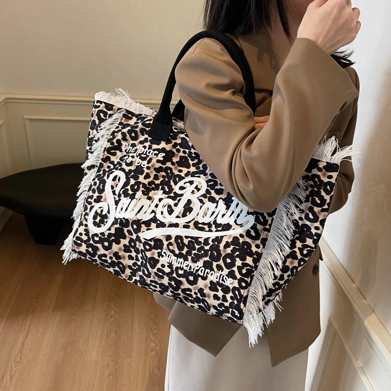 Women's Cloth Letter Leopard Streetwear Tassel Square Open Tote Bag