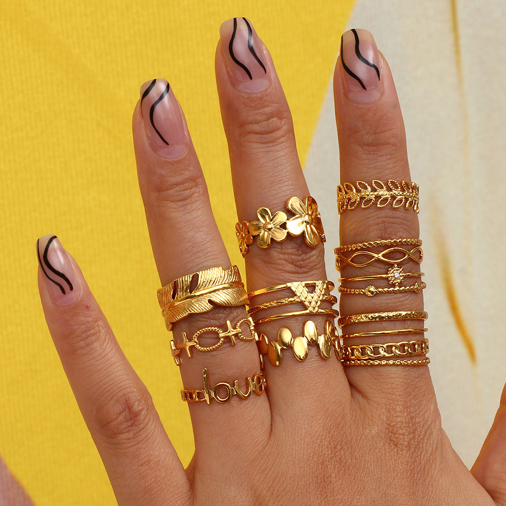 Women Fashion Stripe Geometric Stainless Steel 18K Gold Plated Rings