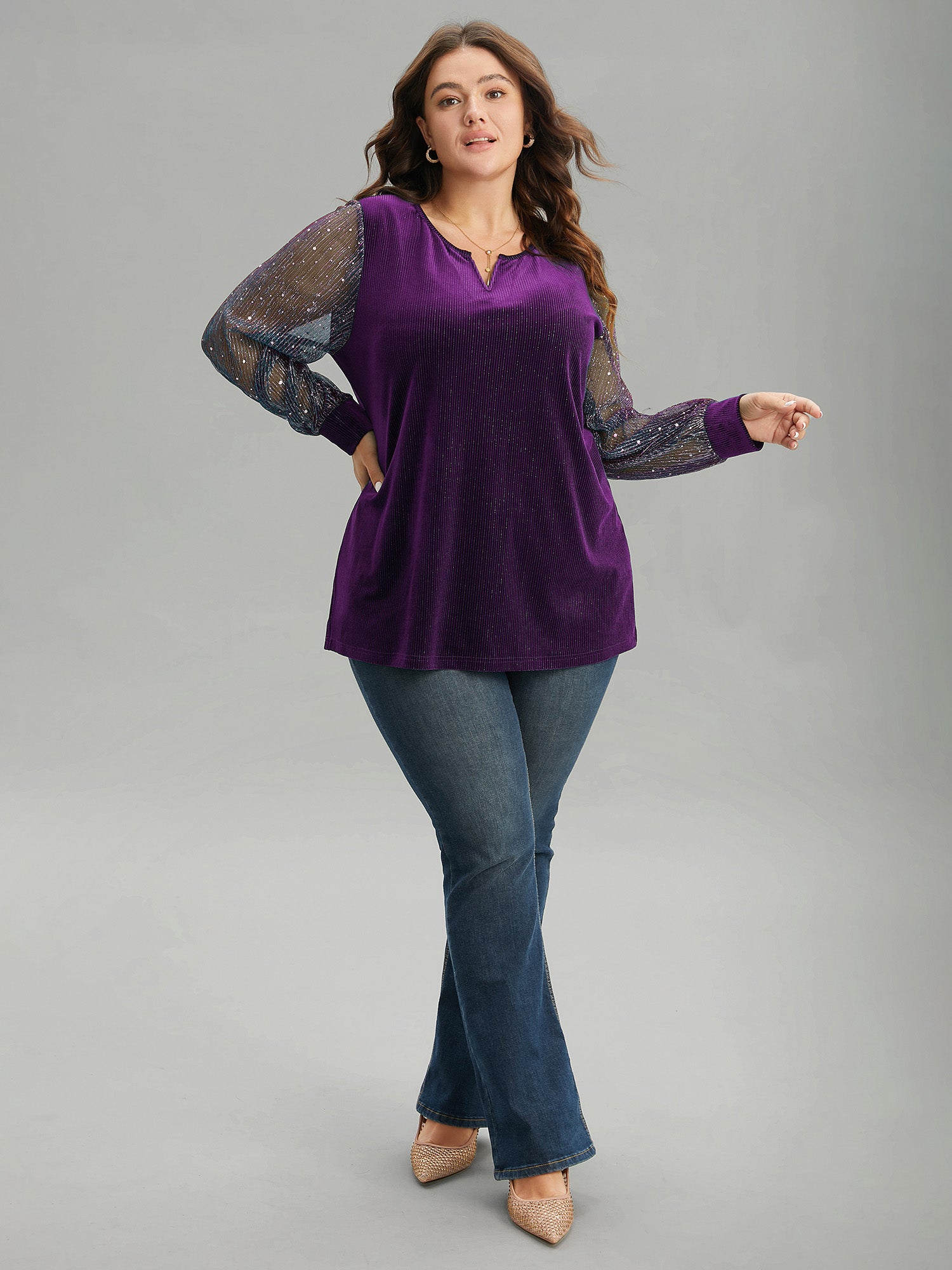 Velvet Patchwork Mesh Sequin Notched T-shirt