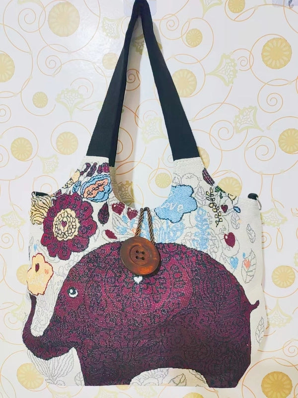 Women's Large Canvas Elephant Ethnic Style Square Zipper Shoulder Bag