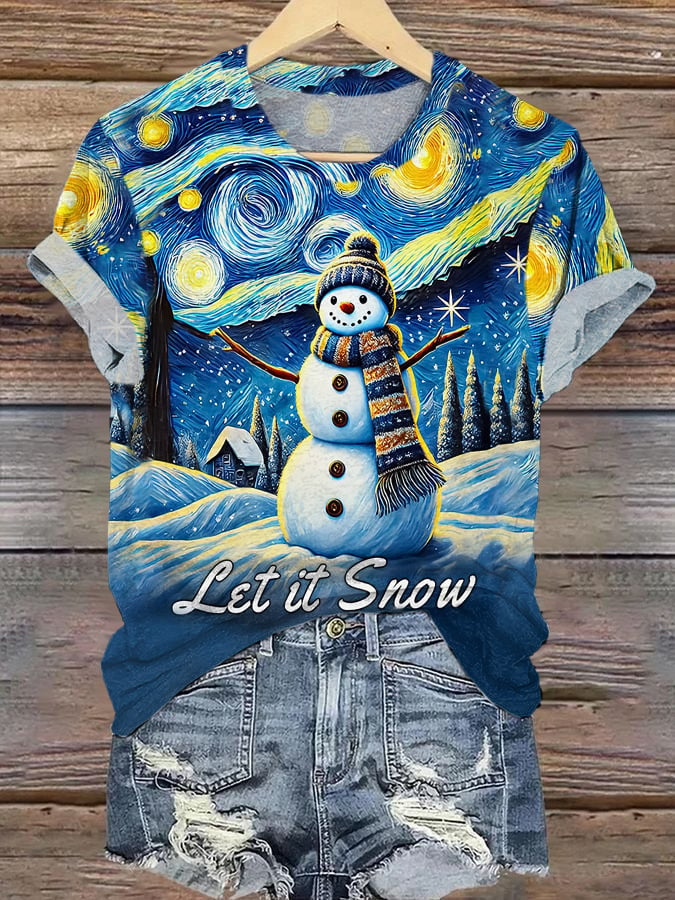 Retro Christmas Starry Night Snowman Let It Snow Print T-Shirt