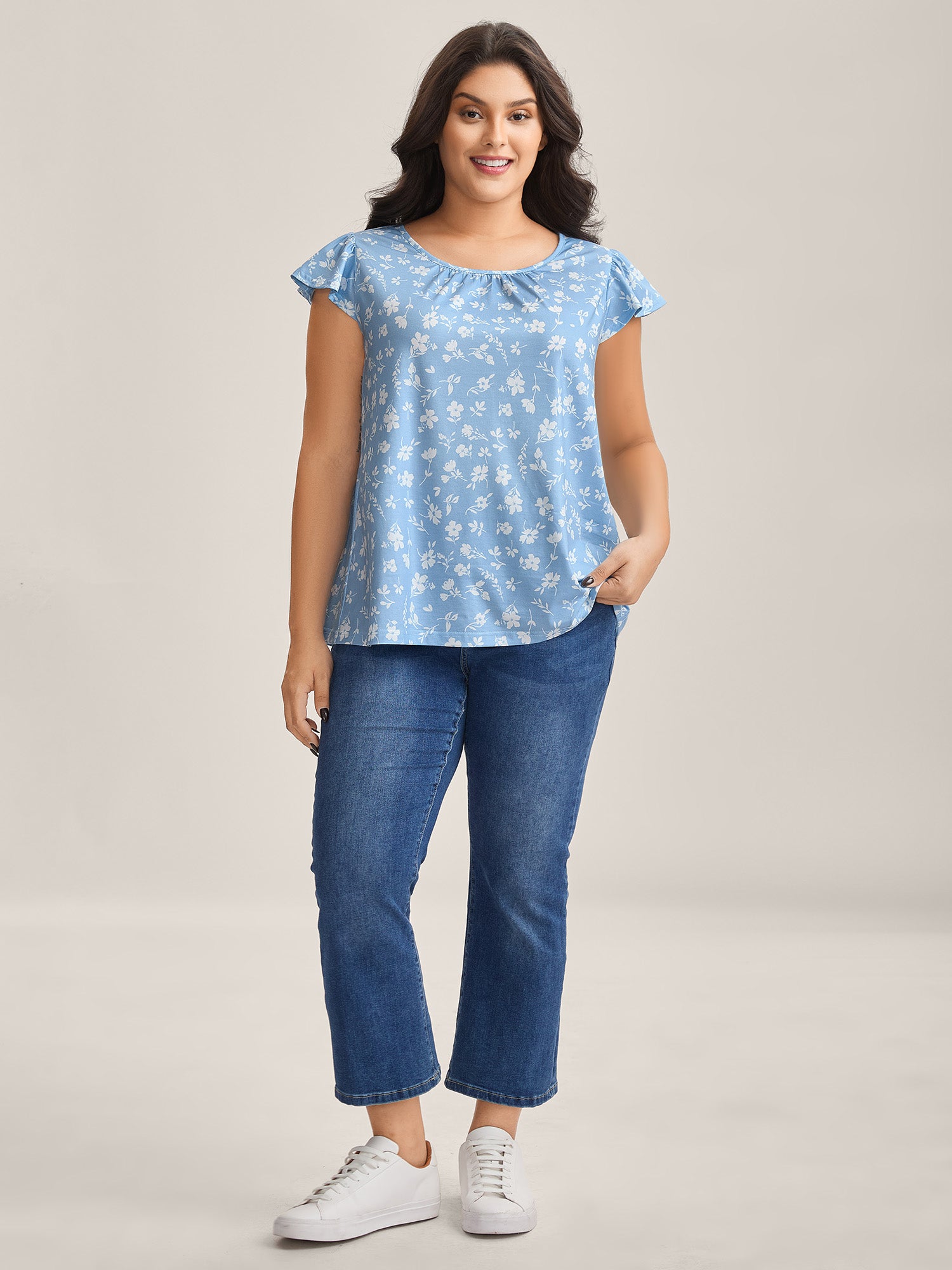 Floral Print Flutter Sleeve Relaxed Top
