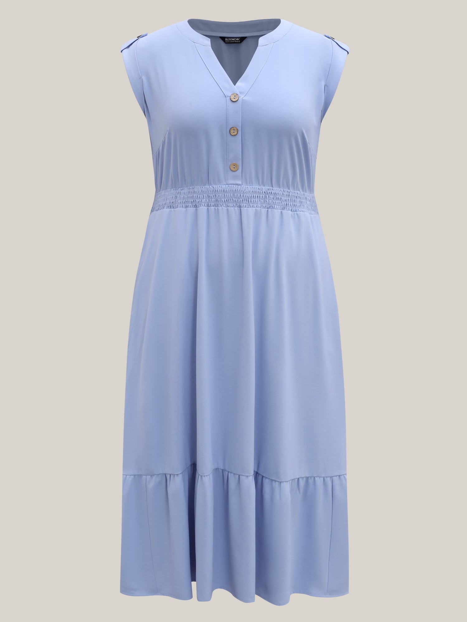 Shirred Waist Button Detail Pockets Midi Dress